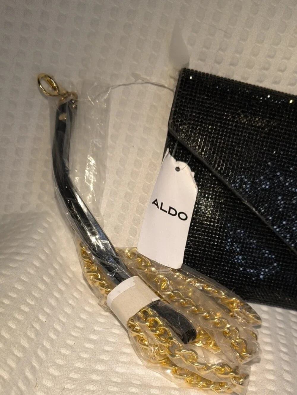 ALDO Black Sparkle Envelope Clutch/Wristlet  with Gold Chain/Strap